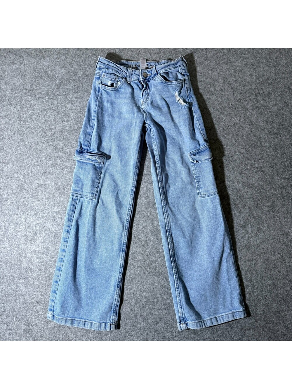 Justice Girls Size 10 Light Wash Wide Leg Cargo Jeans Distressed Stretch Denim